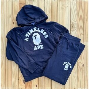 AUTHENTIC APE BAPE x JJJJOUND RELAXED FIT COLLEGE PULLOVER HOODIE/PANTS NAVY Sml